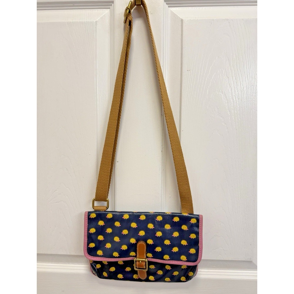 Fossil Canvas Coated Hedgehog Print Crossbody Bag Purse Navy Pink 9.5" X 6.5"
